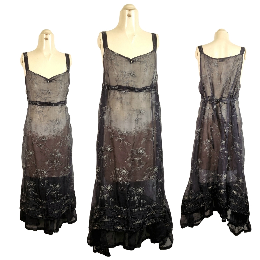 Krista Larson | Wearable Art | Navy Sheer Floral Embroidered Ruffle Slip Dress